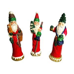Ceramic Santa Statuettes Set of Three Old World Motif 8 Inches Tall Green Red